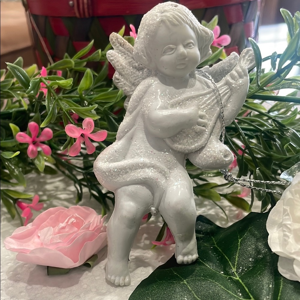 White Angel Cherub Figurine Sarangi Sparkling Christmas Ornament 4.25”